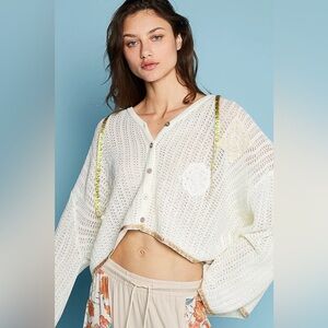 POL Ivory Button Down Cardigan Hooded Shacket with Floral Embroidery